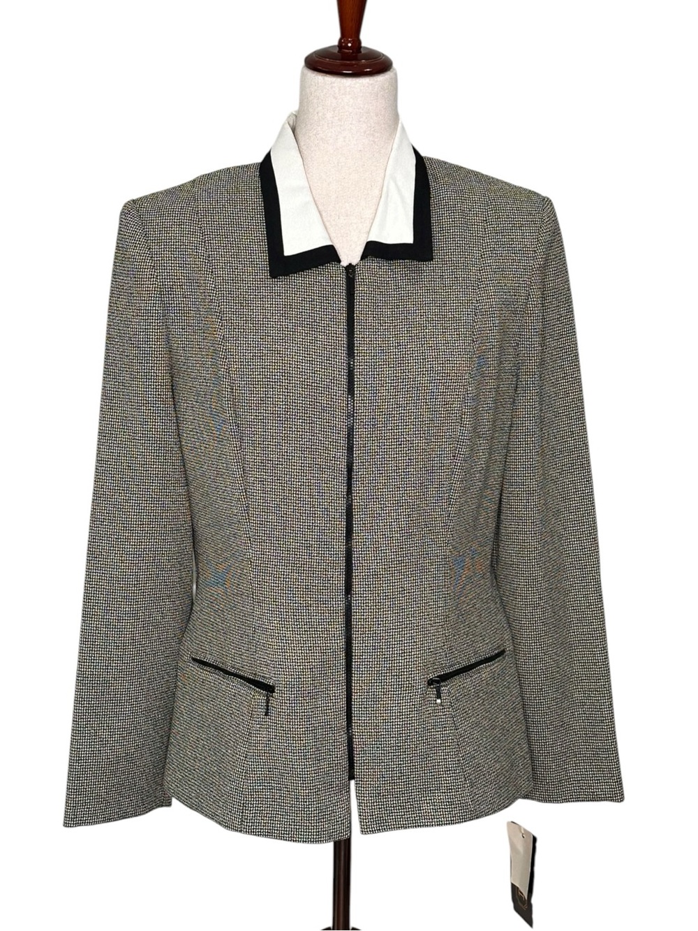 Vintage 90s Virgo NWT Tweed Zip Front Blazer with Black-Trim White Collar. Work